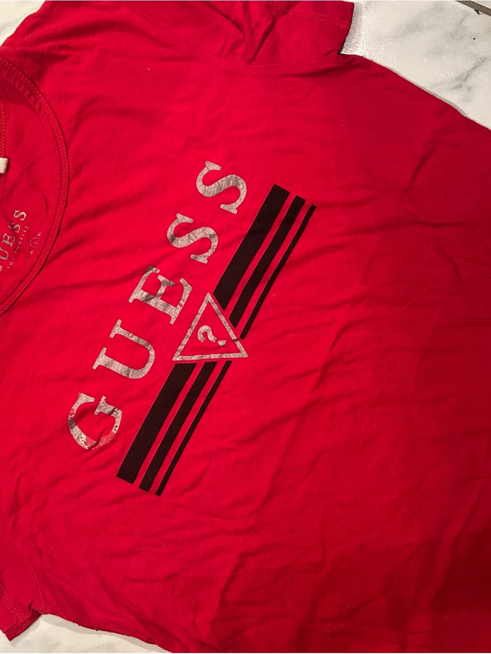 Guess Men’s Red Logo Short Sleeve Tee with Black Stripe